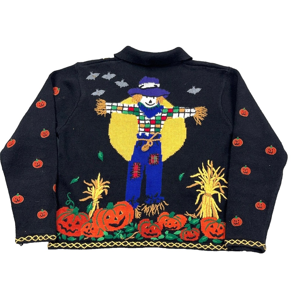 Vintage Hampshire Studio Halloween Sweater Women Medium Full Zip Cardigan AOP